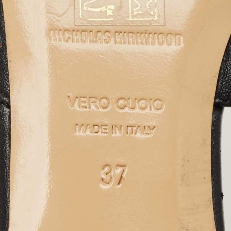 Pre Owned Nicholas Kirkwood Black Leather Crystal Embellished Monstera Flat Mules Size 37