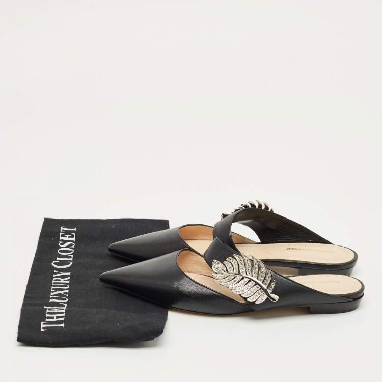 Pre Owned Nicholas Kirkwood Black Leather Crystal Embellished Monstera Flat Mules Size 37