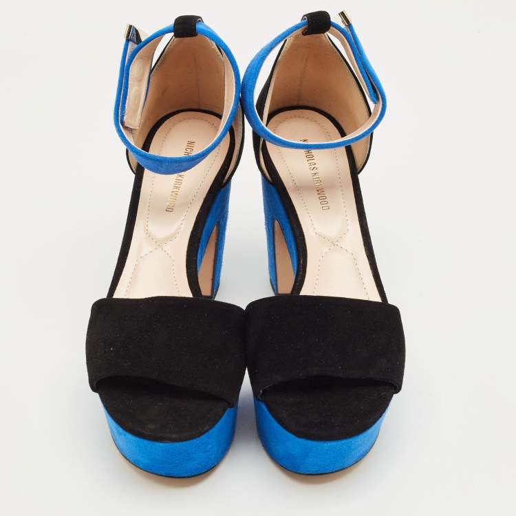 Pre Owned Nicholas Kirkwood Black/Blue Suede Platform Ankle Strap Sandals Size 36.5