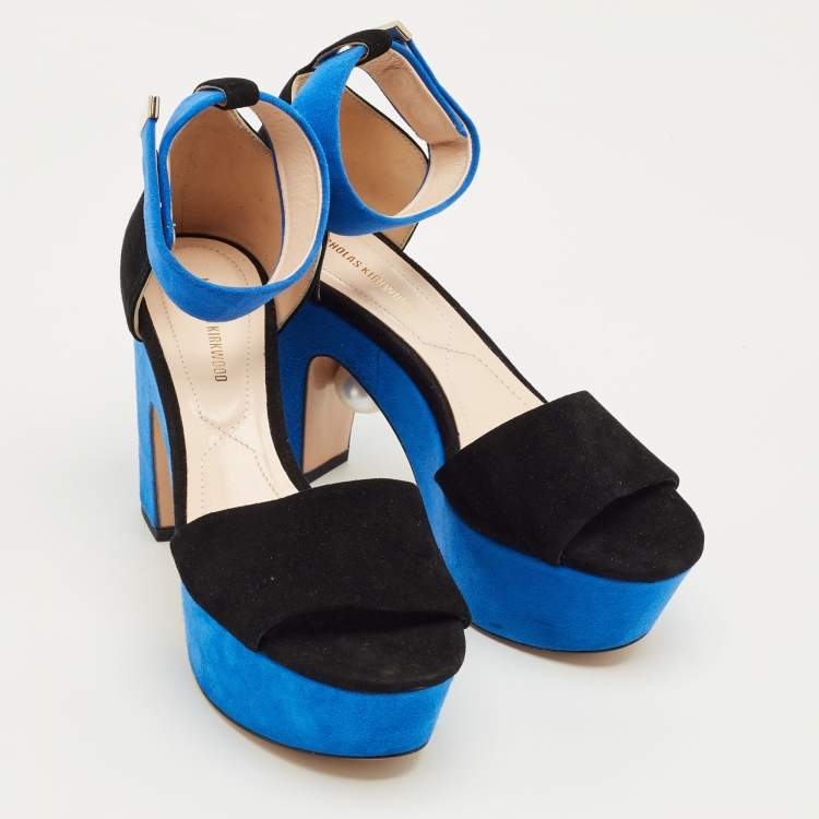 Pre Owned Nicholas Kirkwood Black/Blue Suede Platform Ankle Strap Sandals Size 36.5