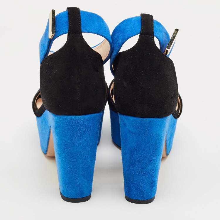 Pre Owned Nicholas Kirkwood Black/Blue Suede Platform Ankle Strap Sandals Size 36.5