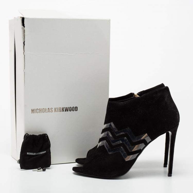 Pre Owned Nicholas Kirkwood Black Suede And PVC Chevron Peep Toe Ankle Booties Size 38.5