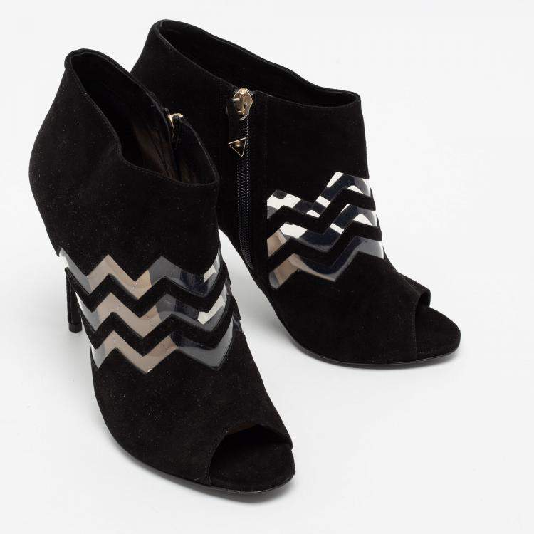Pre Owned Nicholas Kirkwood Black Suede And PVC Chevron Peep Toe Ankle Booties Size 38.5