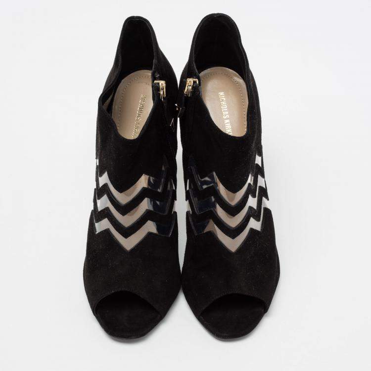 Pre Owned Nicholas Kirkwood Black Suede And PVC Chevron Peep Toe Ankle Booties Size 38.5