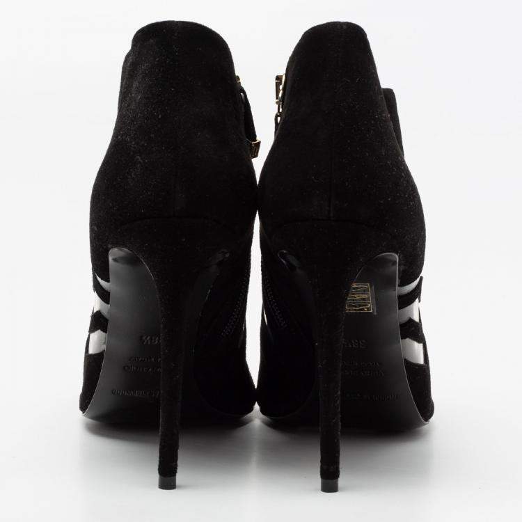 Pre Owned Nicholas Kirkwood Black Suede And PVC Chevron Peep Toe Ankle Booties Size 38.5