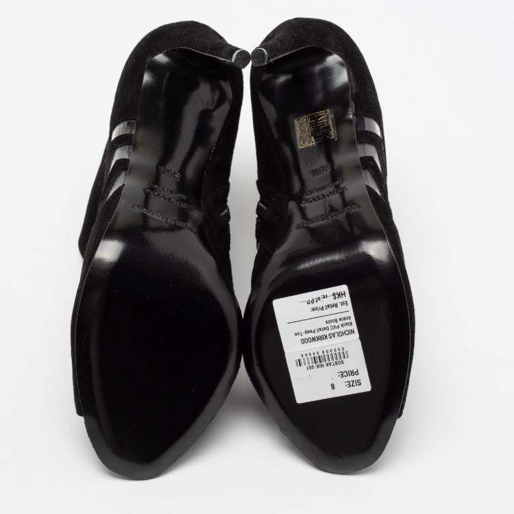 Pre Owned Nicholas Kirkwood Black Suede And PVC Chevron Peep Toe Ankle Booties Size 38.5