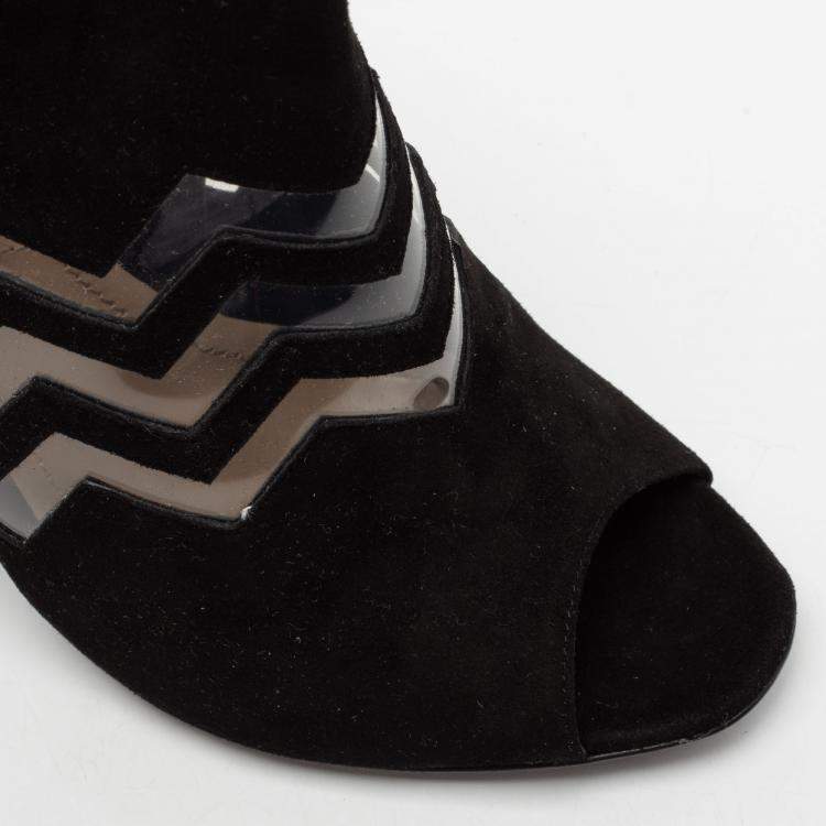 Pre Owned Nicholas Kirkwood Black Suede And PVC Chevron Peep Toe Ankle Booties Size 38.5