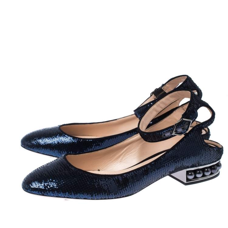 Pre Owned Nicholas Kirkwood Blue Sequins Lola Pearl Embellished Ankle Strap Sandals Size 40