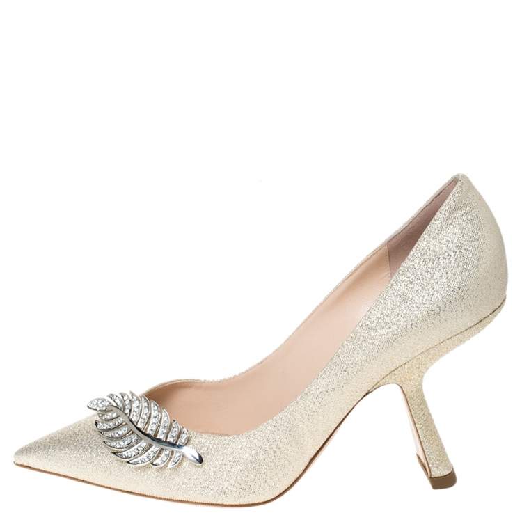 Pre Owned Nicholas Kirkwood Metallic Gold Glitter Fabric Monstera Pointed Toe Pumps Size 38