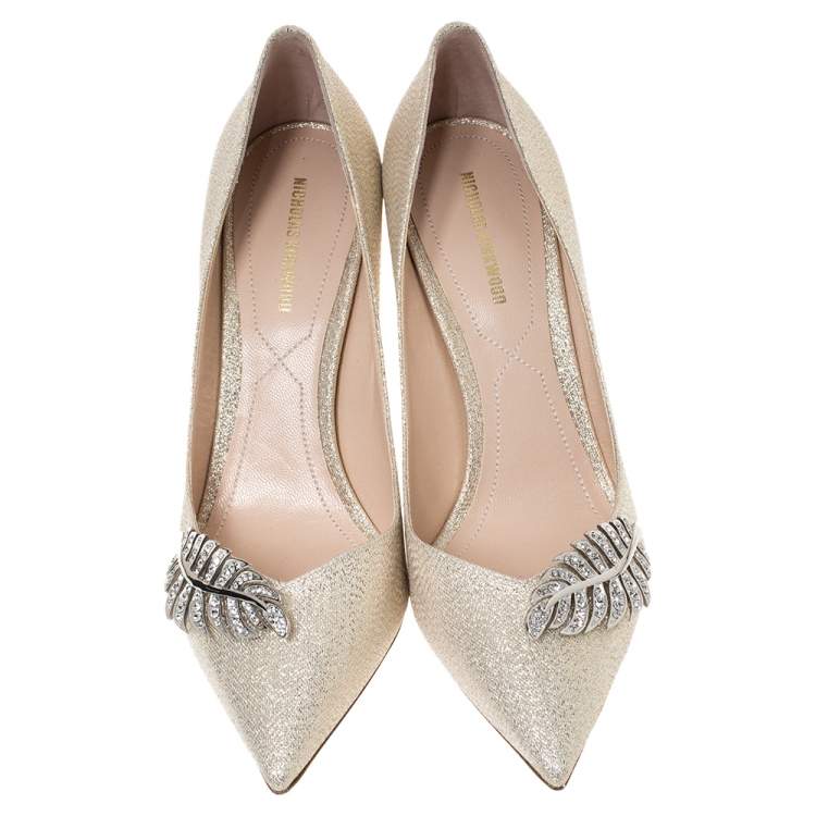 Pre Owned Nicholas Kirkwood Metallic Gold Glitter Fabric Monstera Pointed Toe Pumps Size 38