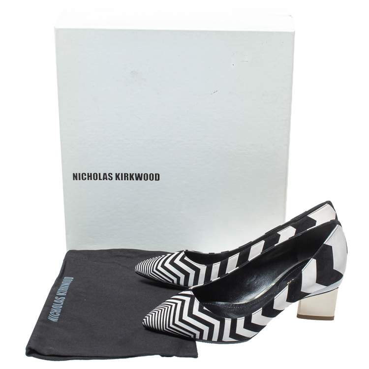 Pre Owned Nicholas Kirkwood Black/White Zigzag Print Leather Pointed Toe Pumps Size 35