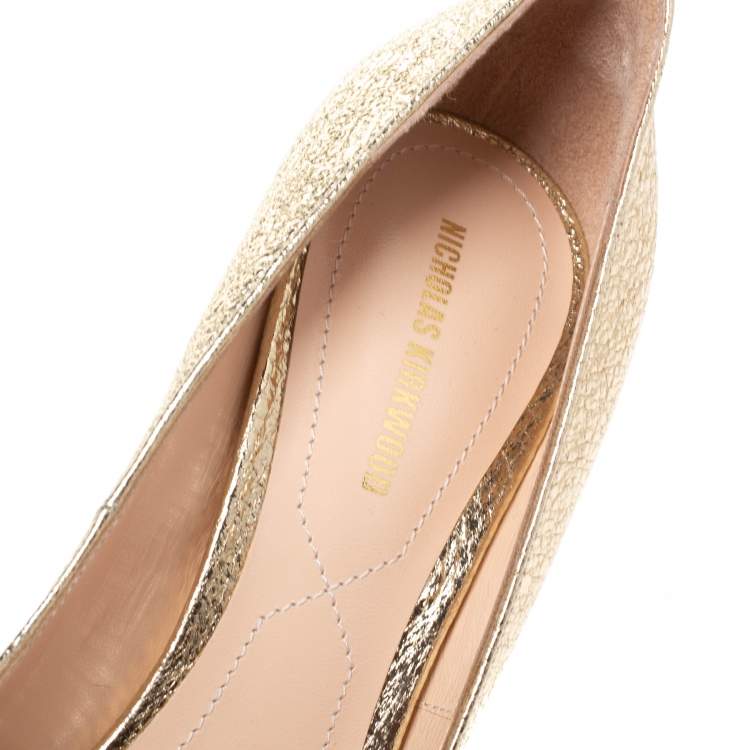 Pre Owned Nicholas Kirkwood Metallic Gold Leather Mira Pearl Curved Heel Pumps Size 38