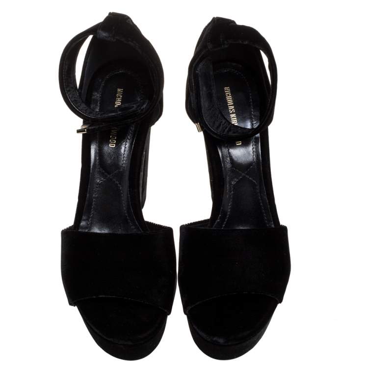 Pre Owned Nicholas Kirkwood Black Velvet Pearl Embellished Ankle Cuff Platform Sandals Size 38