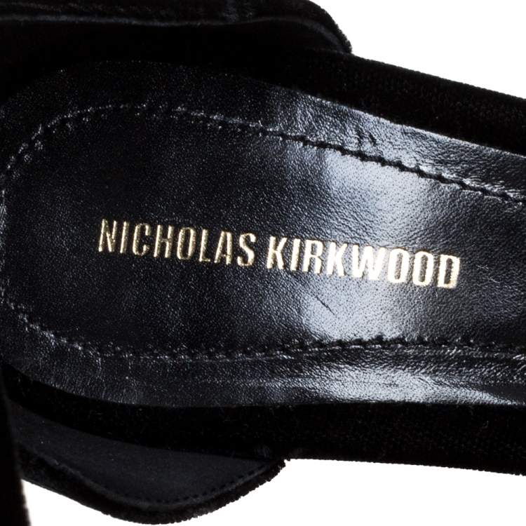 Pre Owned Nicholas Kirkwood Black Velvet Pearl Embellished Ankle Cuff Platform Sandals Size 38