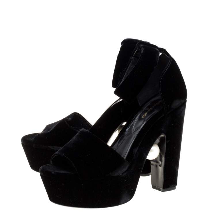 Pre Owned Nicholas Kirkwood Black Velvet Pearl Embellished Ankle Cuff Platform Sandals Size 38