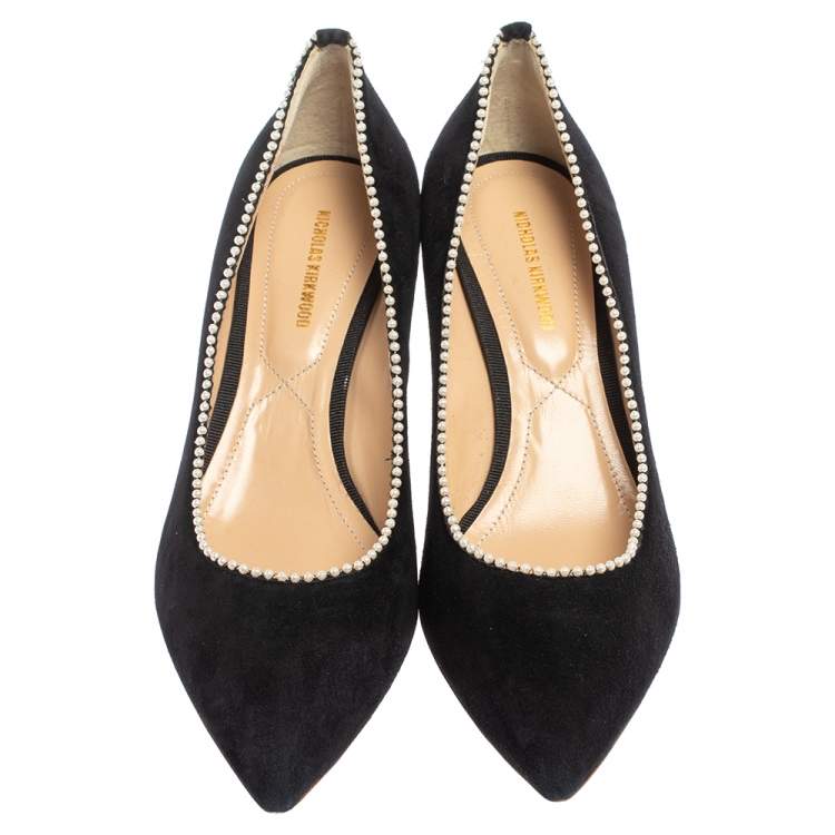 Pre Owned Nicholas Kirkwood Black Suede Pearl Embellished Pointed Toe Pumps Size 39.5