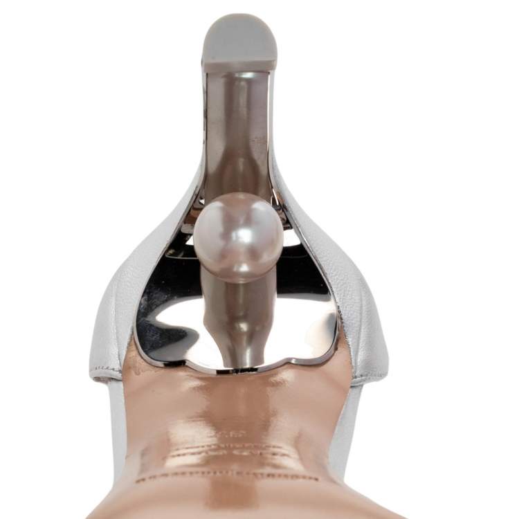 Pre Owned Nicholas Kirkwood Silver Leather Mira Pearl Embellished Ankle Strap Sandals Size 37