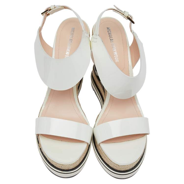 Pre Owned Nicholas Kirkwood White Patent Leather Wedge Espadrille Ankle Strap Sandals Size 39