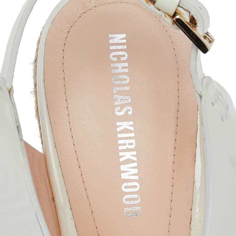 Pre Owned Nicholas Kirkwood White Patent Leather Wedge Espadrille Ankle Strap Sandals Size 39