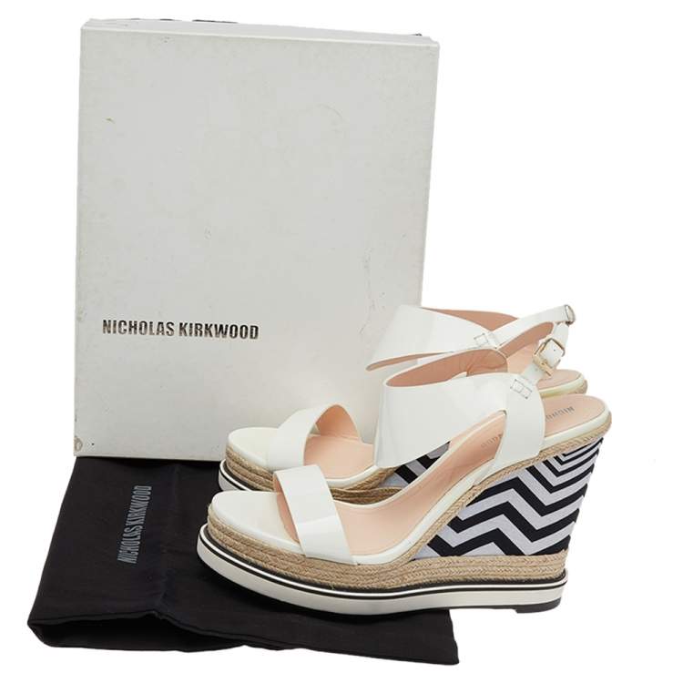 Pre Owned Nicholas Kirkwood White Patent Leather Wedge Espadrille Ankle Strap Sandals Size 39
