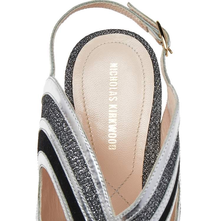 Pre Owned Nicholas Kirkwood Black/Silver Glitter And Patent Leather Ankle Strap Sandals Size 40