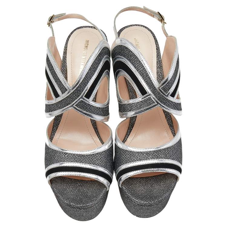 Pre Owned Nicholas Kirkwood Black/Silver Glitter And Patent Leather Ankle Strap Sandals Size 40