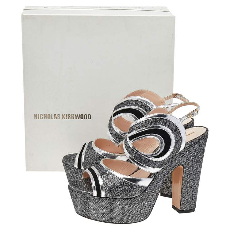 Pre Owned Nicholas Kirkwood Black/Silver Glitter And Patent Leather Ankle Strap Sandals Size 40
