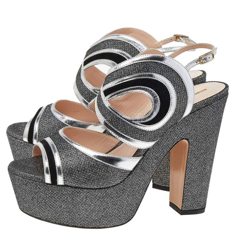 Pre Owned Nicholas Kirkwood Black/Silver Glitter And Patent Leather Ankle Strap Sandals Size 40