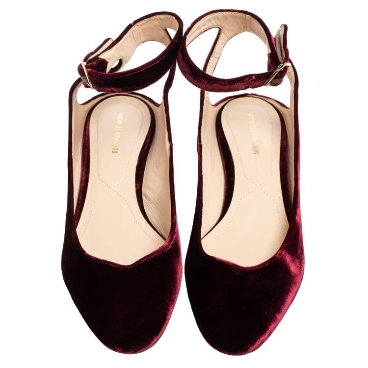 Pre Owned Nicholas Kirkwood Burgundy Velvet Lola Pearl Embellished Ankle-Strap Ballet Flats Size 40