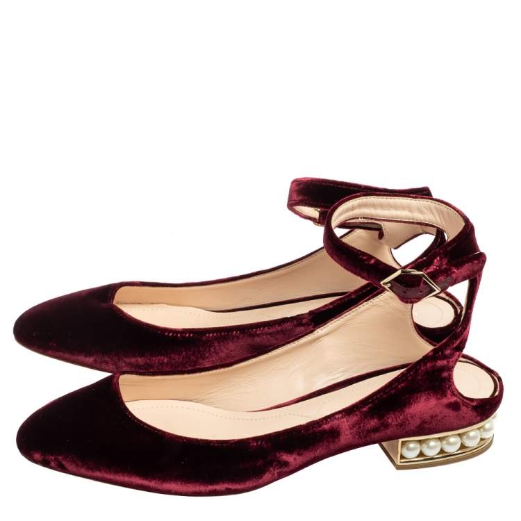 Pre Owned Nicholas Kirkwood Burgundy Velvet Lola Pearl Embellished Ankle-Strap Ballet Flats Size 40