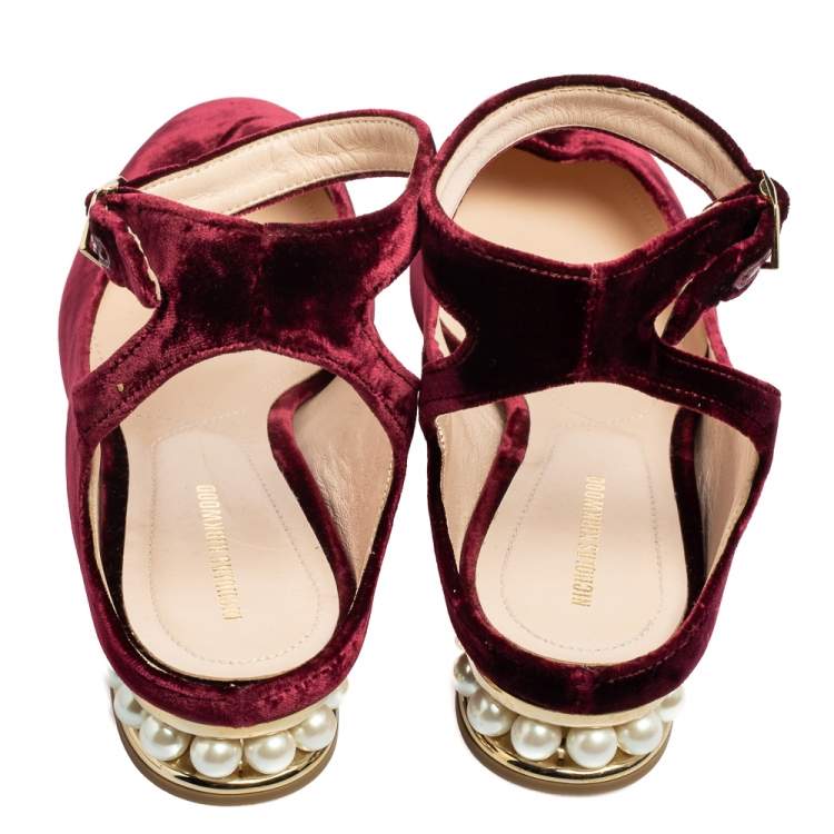 Pre Owned Nicholas Kirkwood Burgundy Velvet Lola Pearl Embellished Ankle-Strap Ballet Flats Size 40