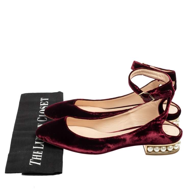 Pre Owned Nicholas Kirkwood Burgundy Velvet Lola Pearl Embellished Ankle-Strap Ballet Flats Size 40