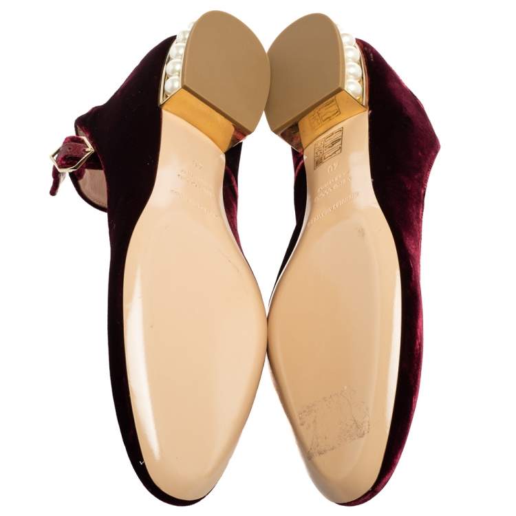 Pre Owned Nicholas Kirkwood Burgundy Velvet Lola Pearl Embellished Ankle-Strap Ballet Flats Size 40