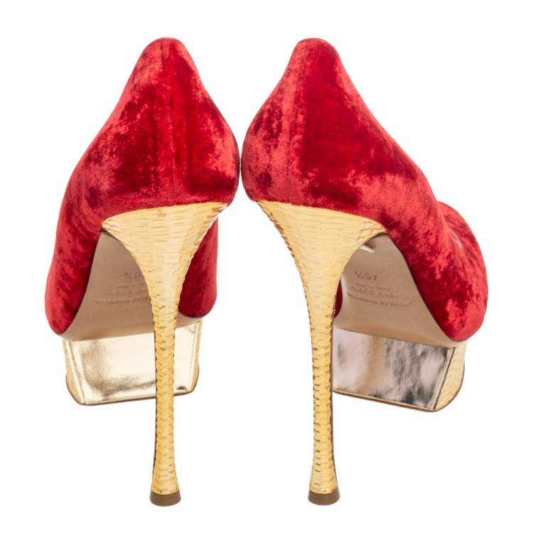 Pre Owned Nicholas Kirkwood Red/Gold Velvet Platform Pumps Size 40.5