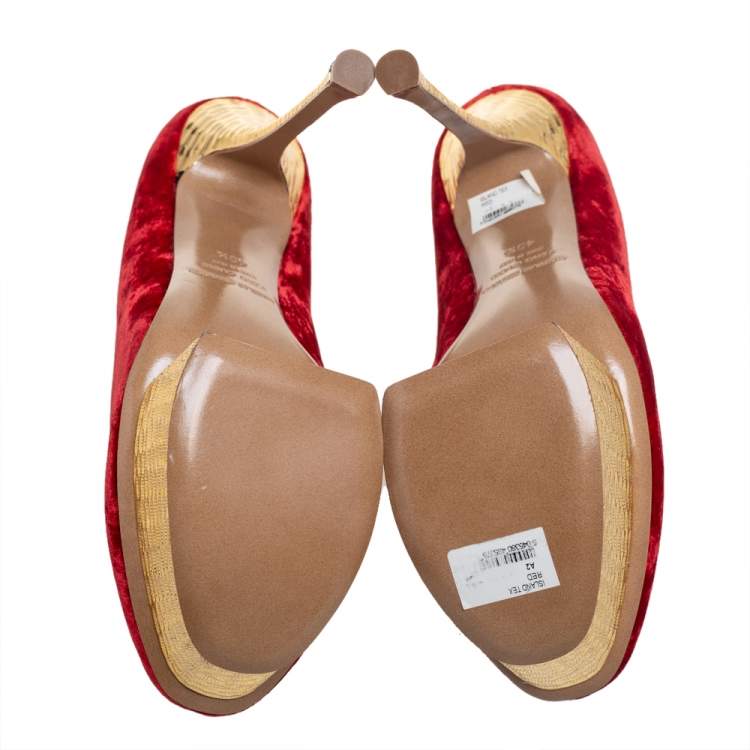 Pre Owned Nicholas Kirkwood Red/Gold Velvet Platform Pumps Size 40.5