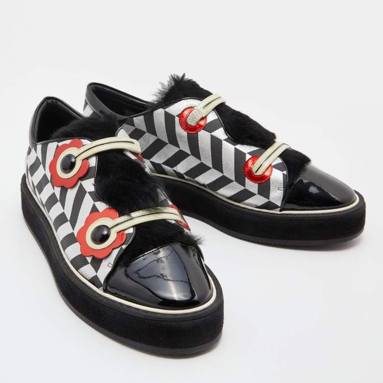 Pre Owned Nicholas Kirkwood Multicolor Patent Leather, Fur and Fabric Slip On Sneakers Size 40