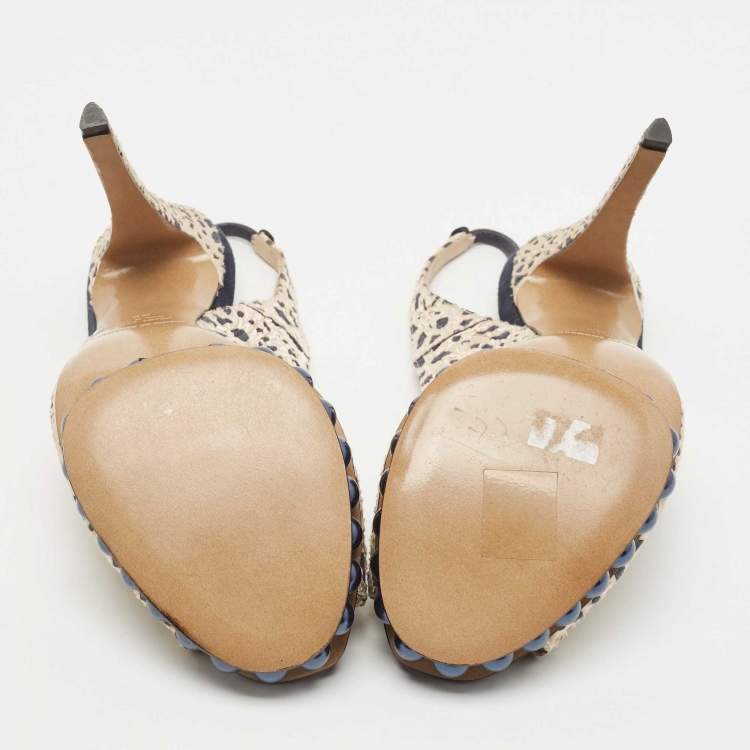 Pre Owned Nicholas Kirkwood Navy Blue/Cream Laser Cut Lace and Suede Pearl Platform Peep Toe Slingback Pumps Size 39