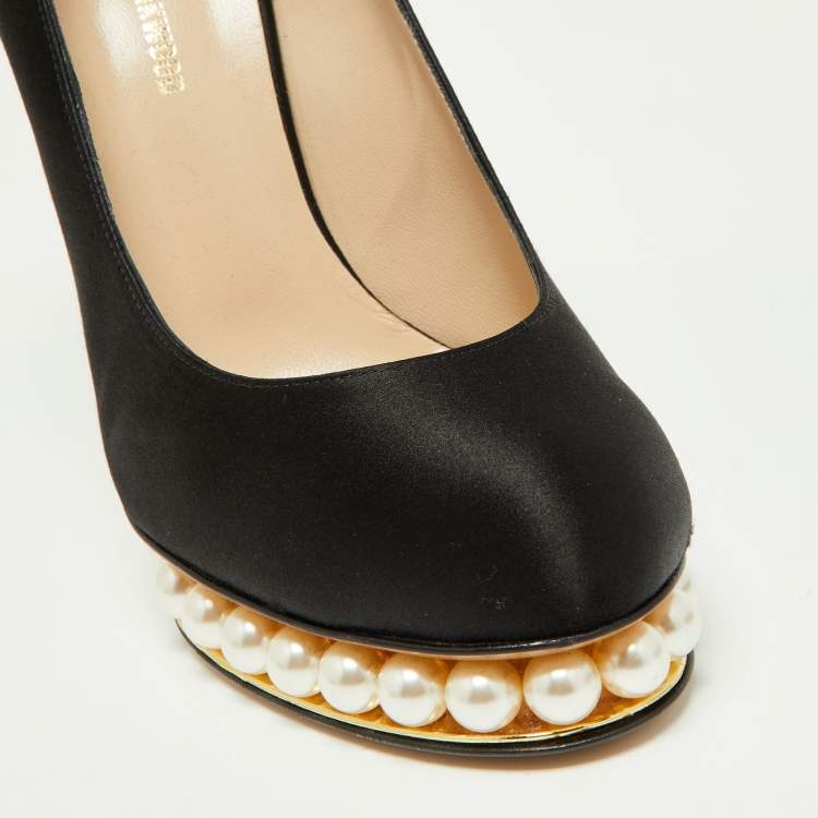 Pre Owned Nicholas Kirkwood Black Satin Casati Faux Pearl Platform Pumps Size 38