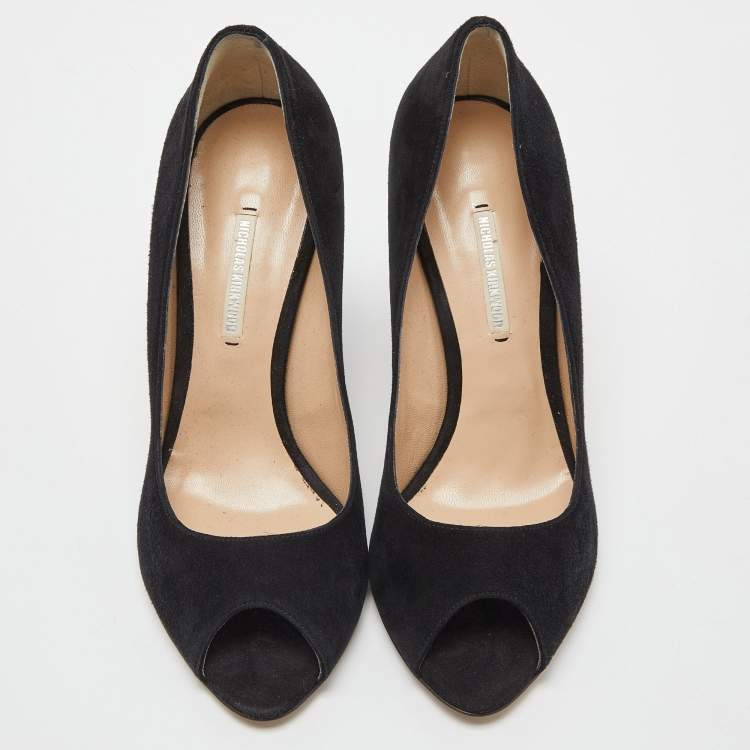 Pre Owned Nicholas Kirkwood Black Suede Peep Toe Wedge Pumps Size 39.5