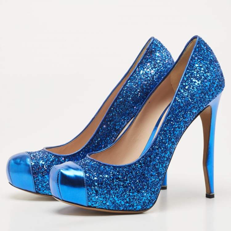 Pre Owned Nicholas Kirkwood Blue Leather and Glitter Platform Pumps Size 40
