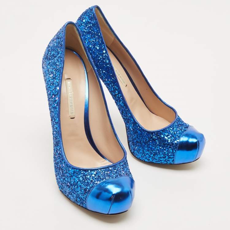 Pre Owned Nicholas Kirkwood Blue Leather and Glitter Platform Pumps Size 40