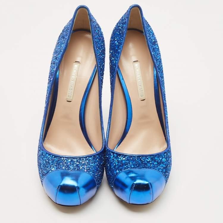 Pre Owned Nicholas Kirkwood Blue Leather and Glitter Platform Pumps Size 40