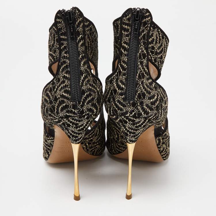 Pre Owned Nicholas Kirkwood Black/Gold Embroidered Suede Cut Out Sandals Size 41