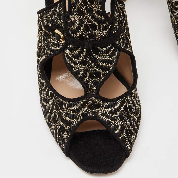 Pre Owned Nicholas Kirkwood Black/Gold Embroidered Suede Cut Out Sandals Size 41