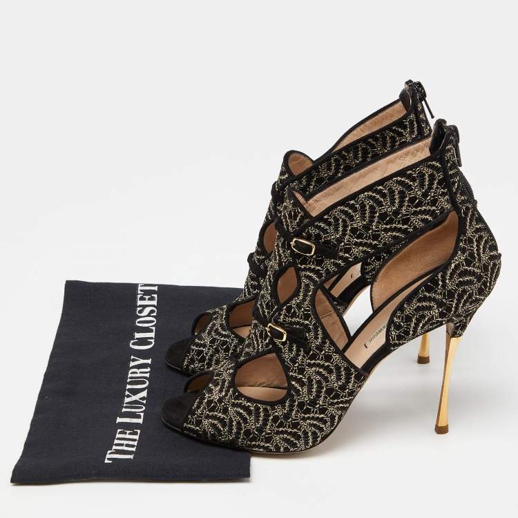 Pre Owned Nicholas Kirkwood Black/Gold Embroidered Suede Cut Out Sandals Size 41