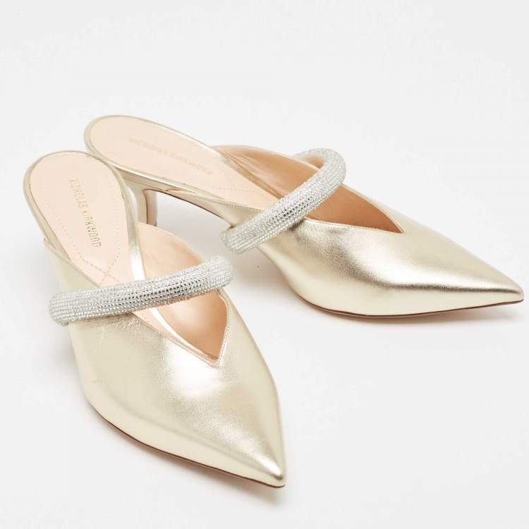 Pre Owned Nicholas Kirkwood Gold Leather Crystal Embellished Leve Mules Size 39