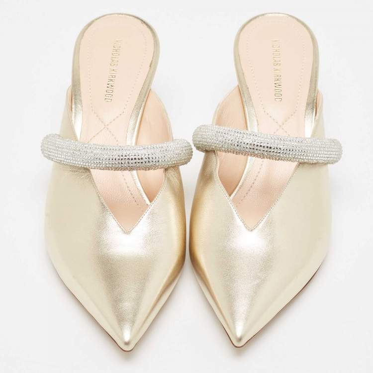 Pre Owned Nicholas Kirkwood Gold Leather Crystal Embellished Leve Mules Size 39