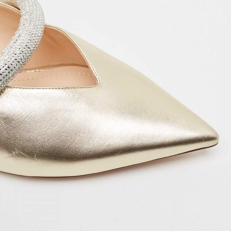 Pre Owned Nicholas Kirkwood Gold Leather Crystal Embellished Leve Mules Size 39