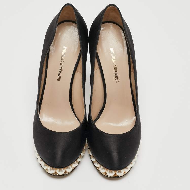 Pre Owned Nicholas Kirkwood Black Satin Lola Pearl Embellished Pumps Size 36.5
