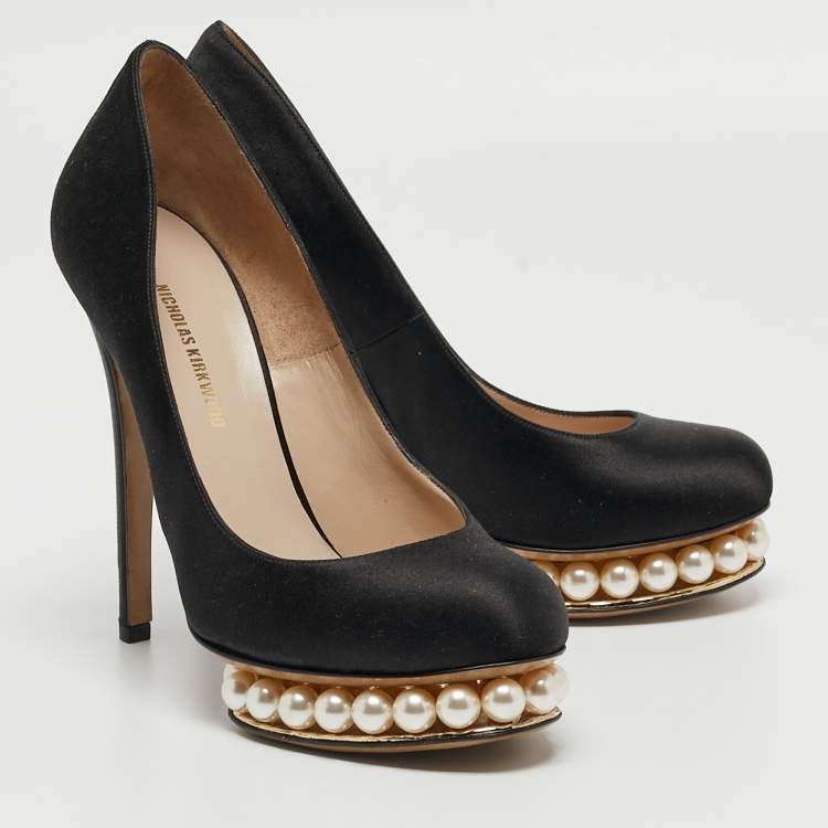 Pre Owned Nicholas Kirkwood Black Satin Lola Pearl Embellished Pumps Size 36.5